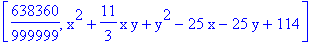 [638360/999999, x^2+11/3*x*y+y^2-25*x-25*y+114]